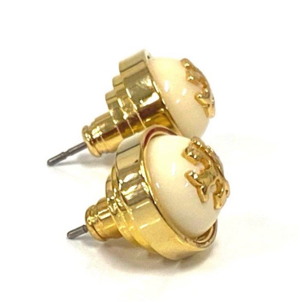 Tory Burch Cream and Gold Logo Stud Earrings - Picture 2 of 4